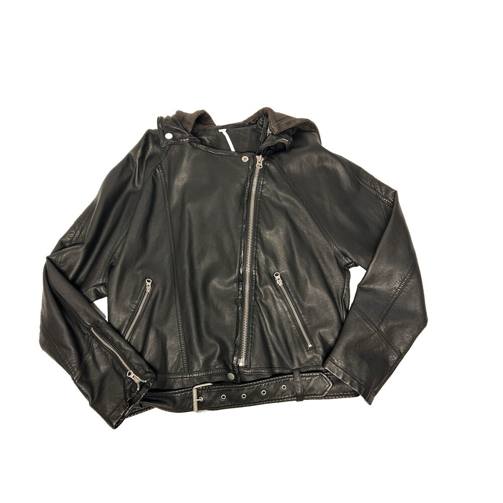 Free People Black Vegan Leather Hood Moto Jacket Bomber Belted Soft Women’s S